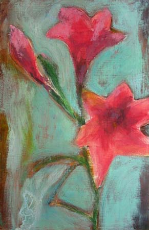 Liljat ikkunalla  <br>tempera, pigmentti,vaha -05