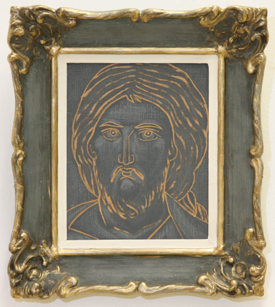 Siniharmaa Jeesus  <br>tempera levylle, kultapigmentti, 22x18