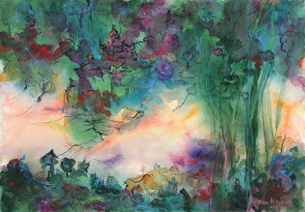 Vieraalla maalla  <br>akvarelli ja tussi	2010