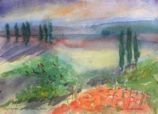 Toscanan 10 sypressiä  <br>akvarelli 2010